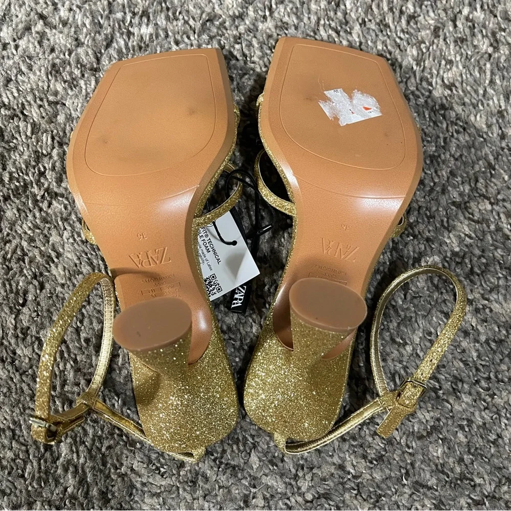 Zara Gold Strappy Glitter Heeled Sandals Size 6 - Picture 14 of 15